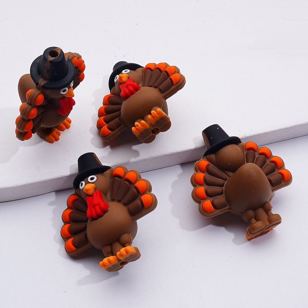 Autumn Harvest Silicone Beads 3D Turkey Gnome & Pumpkin Designs in Random Mix