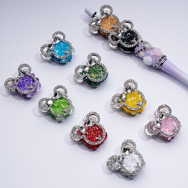 Fancy Bling Bling Silver Alloy Mouse Head Bow with Clear & Colorful Rhinestones Clay Beads, Around 30*27MM