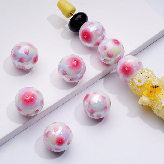 Glossy Pink Plum Blossom Acrylic Beads – White Round 16MM Floral Design