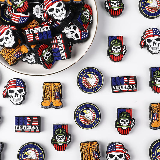 USA Veteran Series Patriotic Skull Head, Boots Boots c& Flag Motifs Designs Silicone Beads