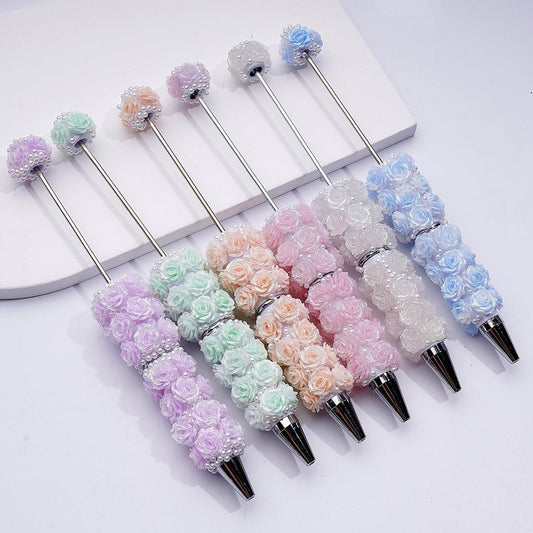 Beadable Clay Pen with Shiny Glitter Flowers & White Pearls DIY Glam Stationery Accent