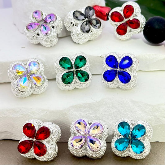 Fancy Exquisite Hollow Silver Alloy Four-Leaf Clover Beads with Colorful Shiny Rhinestones, Around 19*19mm