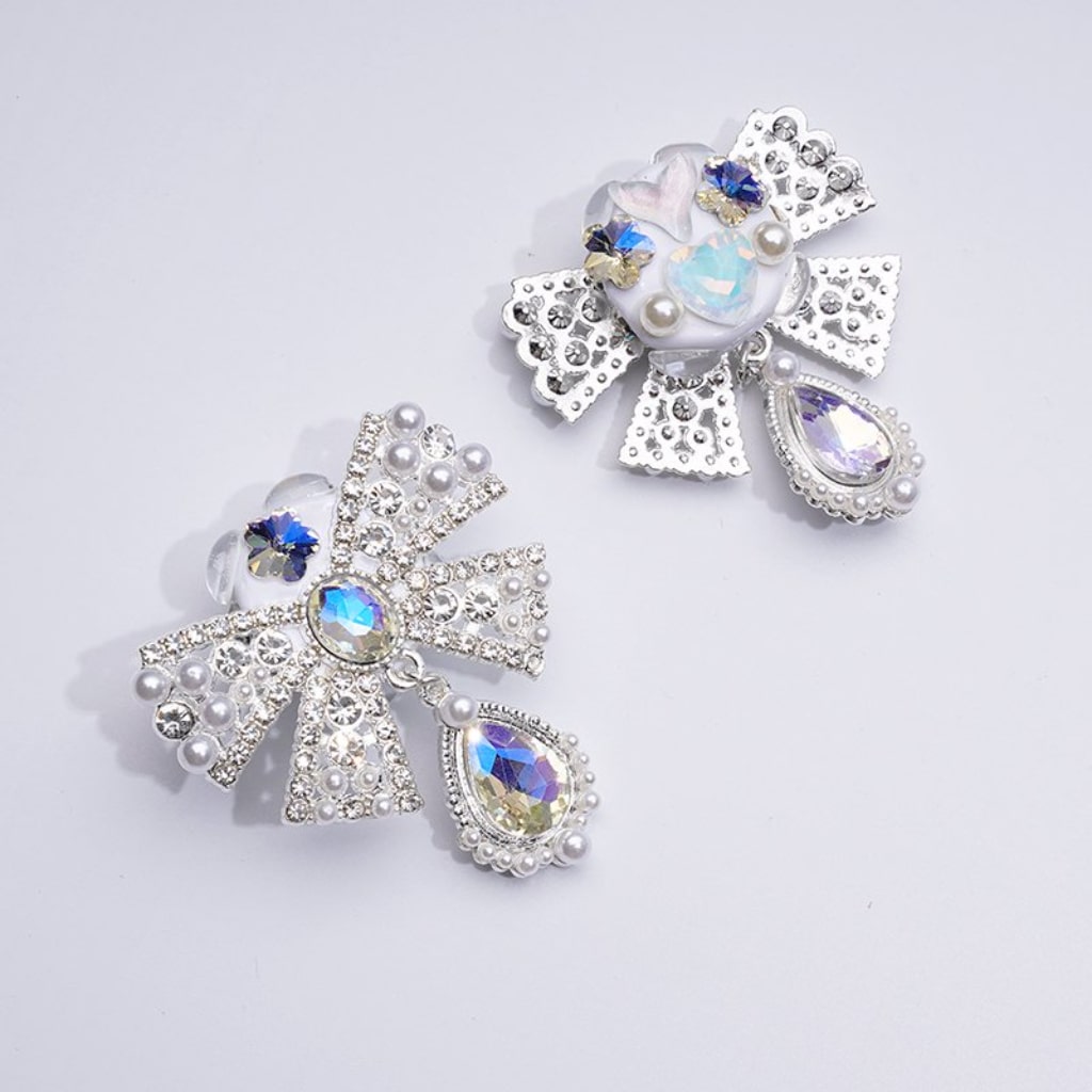 Fancy Silver Alloy Bling Bling Bowknots with Clear Shiny Rhinestones White Pearls Pendants Shiny Fishtail Flowers Hearts Clay Beads, Around 45*52MM