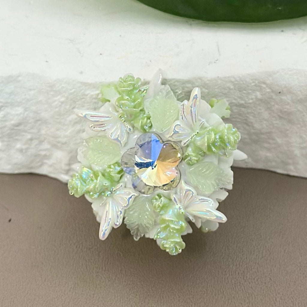 Fancy Delicate Colorful Cute Flowers and Leaves with Shiny Flower Rhinestones, White Clay Beads, Around 25mm