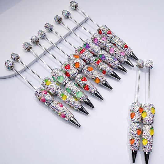 Beadable Clay Pens with Cute Vivid Fruits Mini AB Rhinestones Covered the Entire Pen