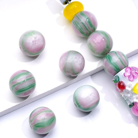 Glossy Round Acrylic Beads with Pink and Green Prints, 16MM, Random Mix
