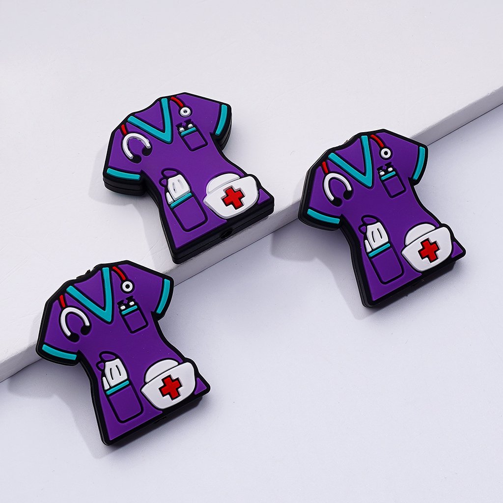 Teal Pink Color Nurse Uniform with Nurse Hat Stethoscope Silicone Focal Beads