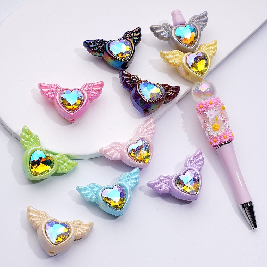 Radiant UV-Coated Acrylic Heart Beads with Elegant Angel Wings & Sparkling K9 Rhinestones, Approx. 40×26MM