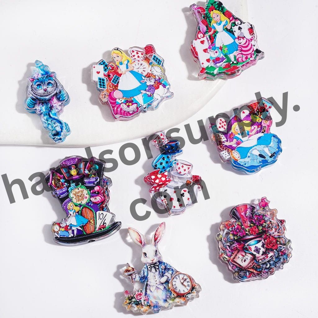 Fantasy Alice Girl Falling into a Rabbit Hole Printed Series Semi-Clear Acrylic Beads, Random Mix