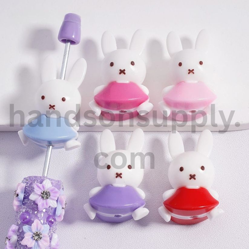 Cute White Miff Bunny Rabbit Beads Soft PVC Charms with Colorful Dresses, 22×34mm, Random Mix