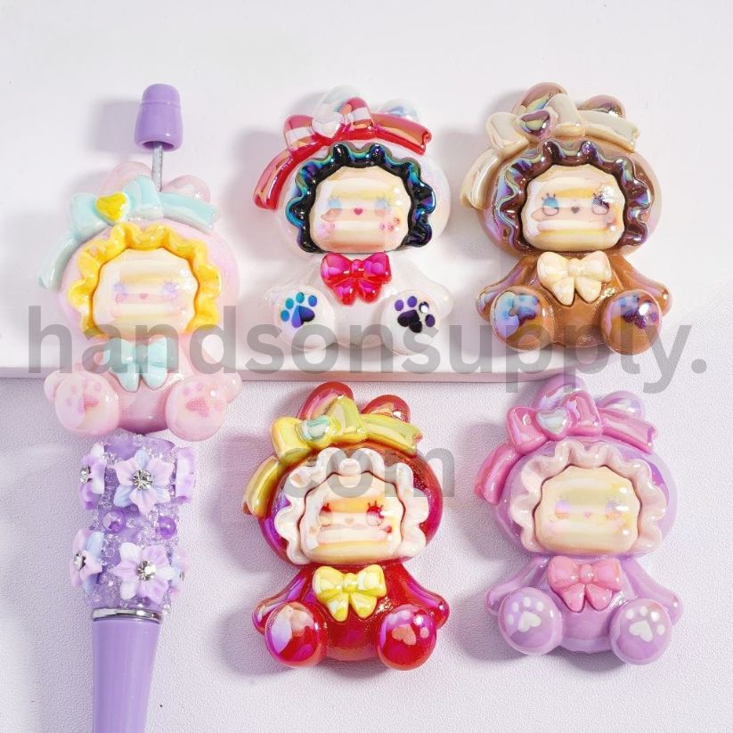 UV Gloss Cute Baby Girl with Bowknot Acrylic Beads, 33*47mm, Random Mix