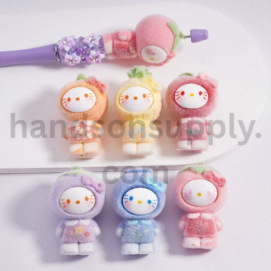 Flocked Hello Kitty Cute Cat Style Acrylic Beads in Fruit Costume with Mimi Bow 45*30mm, Random Mix
