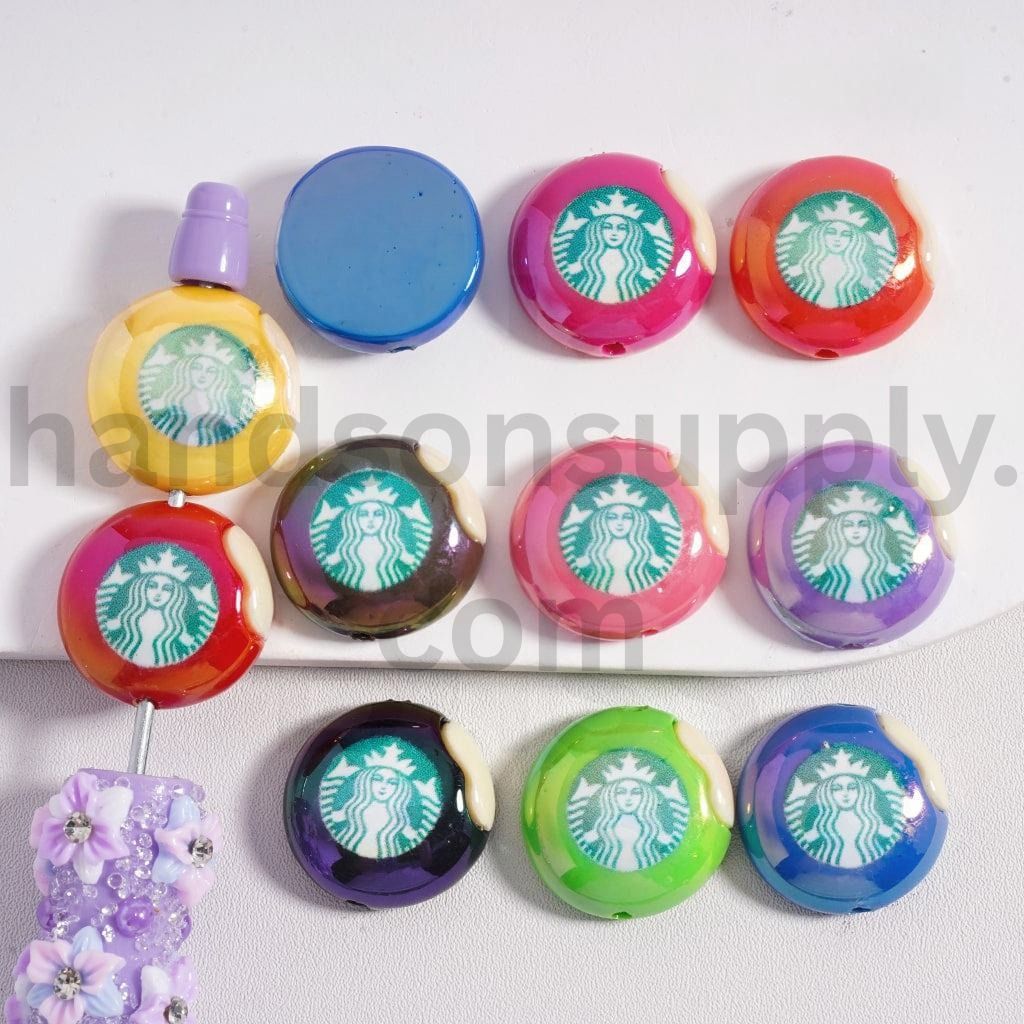 UV Coated Coffee Cookie Coffee Print, Flat Round Cookie Shape Acrylic Beads 21MM, Random Mix