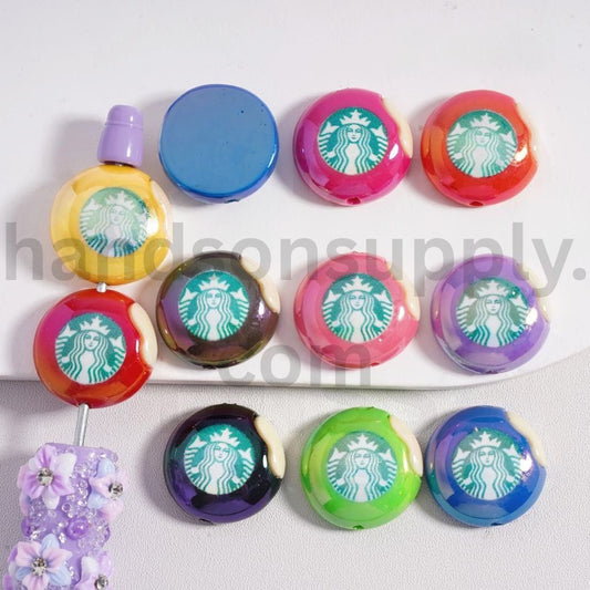UV Coated Coffee Cookie Coffee Print, Flat Round Cookie Shape Acrylic Beads 21MM, Random Mix