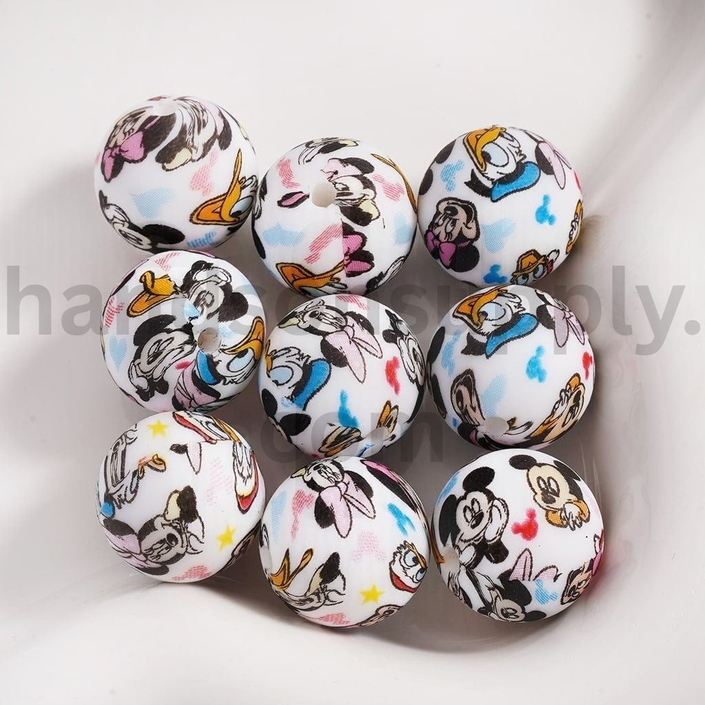 Cute Mickey, Minnie & Donald Printed Round Silicone Beads 15MM Z-00302