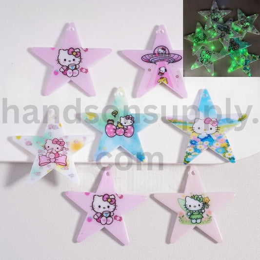 Luminous Star Shape Beads Hello Kitt Cute Cat With Bow Print Series 42*42MM, Random Mix Pendants Jewelry Accessories