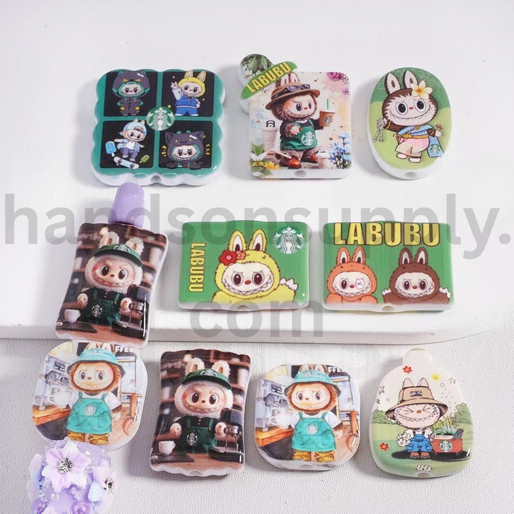 Cute Green Labub Pop Mar Pattern, Assorted Shapes Acrylic Beads Random Mix