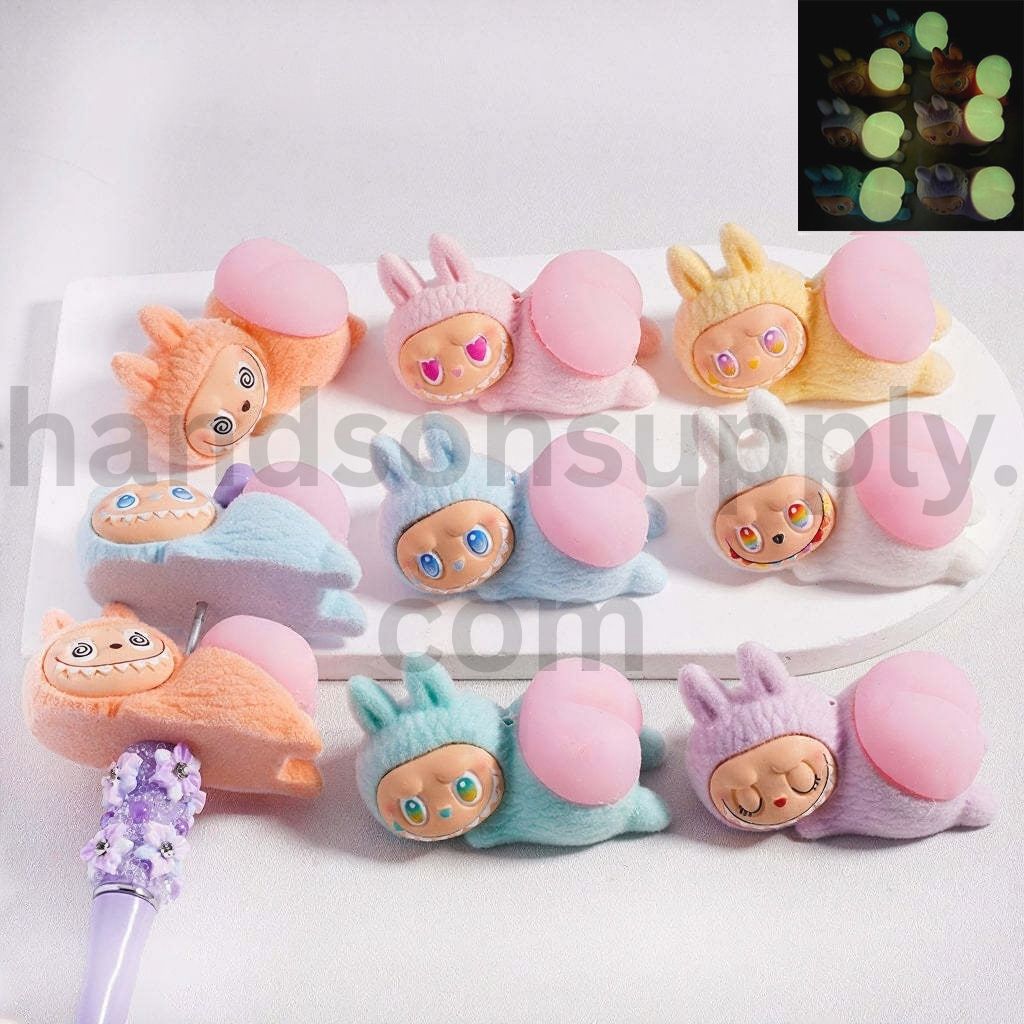 Flocked Labub with Luminous Pink Soft Silicone Hip Acrylic Beads 33*54mm Random Mix