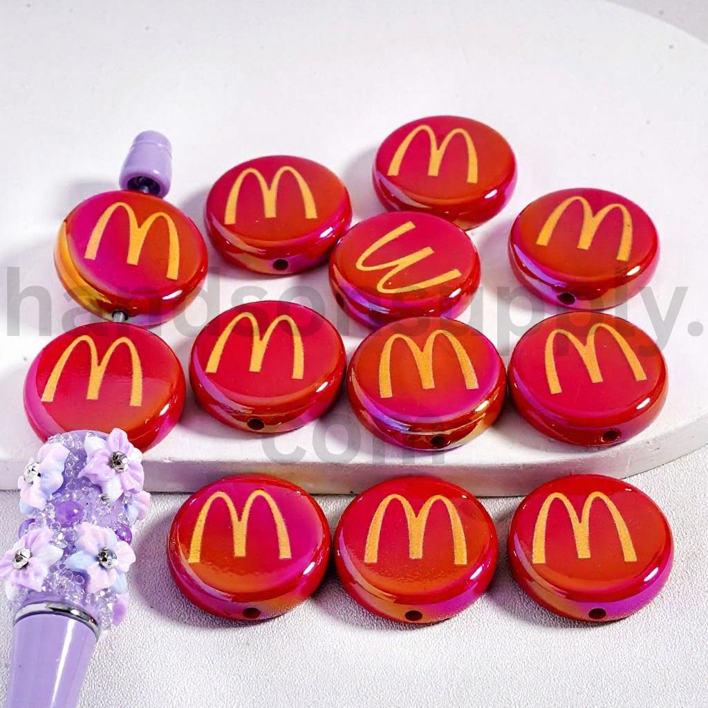 UV Coating Red McDonal Logo Flat Round Acrylic Beads  23MM , Random Mix