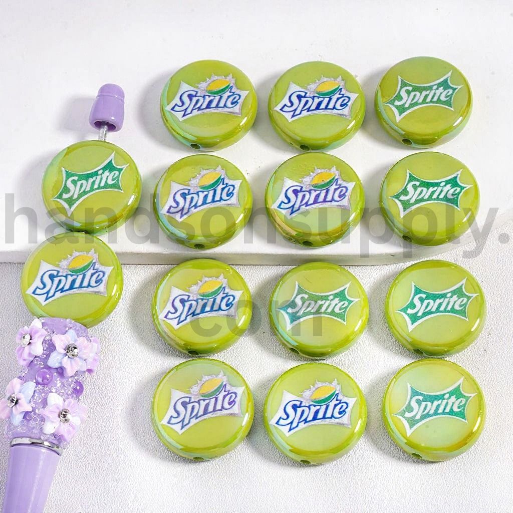 UV Coating Green Logo Sprite Soft Drink Flat Round Acrylic Beads 23MM, Random Mix