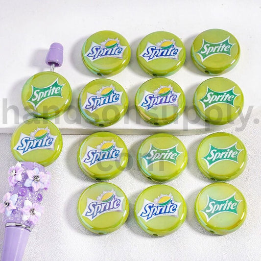UV Coating Green Logo Sprite Soft Drink Flat Round Acrylic Beads 23MM, Random Mix