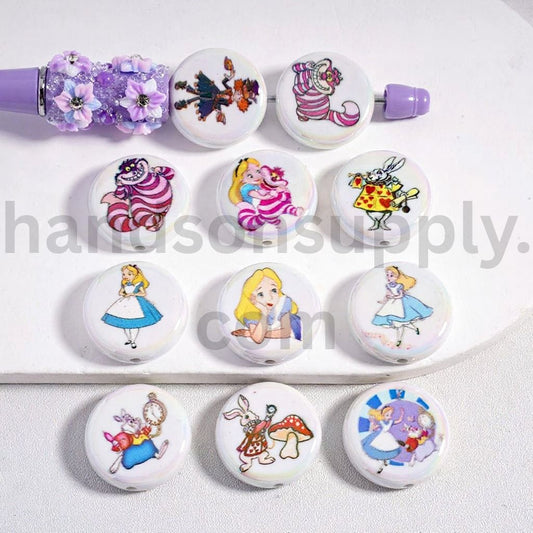 UV Coated Alice in Wonderland Design Theme Flat Round Acrylic Beads 23MM, Random Mix