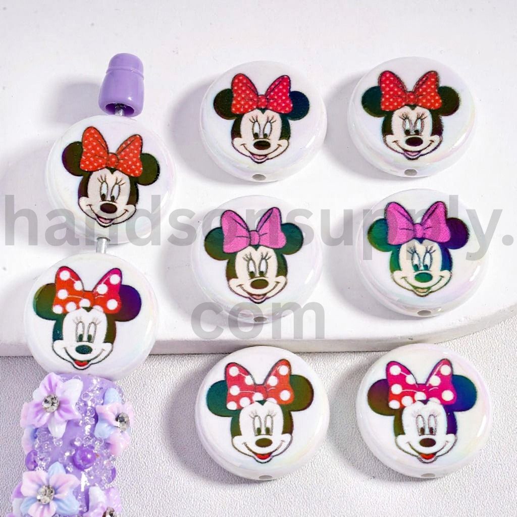 UV Coated Cute Minnie Mouse Head with Bowknot Flat Round Acrylic Beads 23mm Random Mix