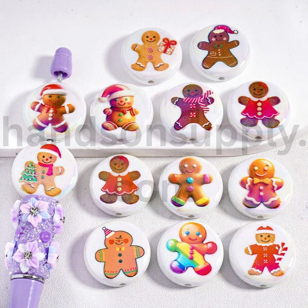 UV Coated Cute Gingerbread Man with Red Santa Christmas Hat Flat Round Acrylic Beads 23MM, Random Mix