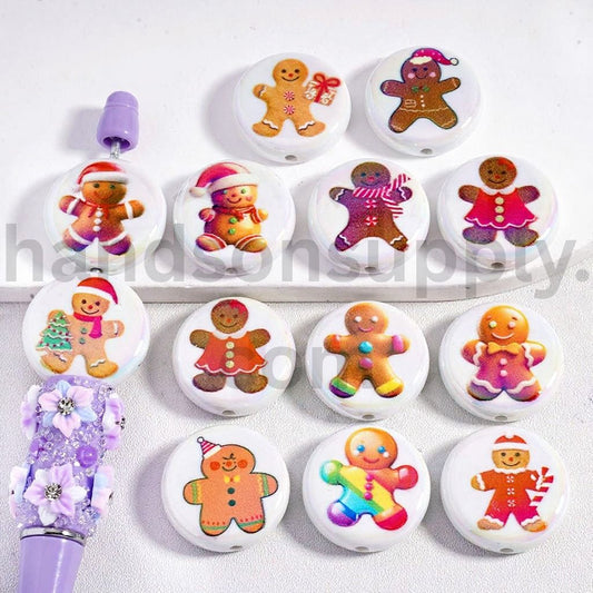 UV Coated Cute Gingerbread Man with Red Santa Christmas Hat Flat Round Acrylic Beads 23MM, Random Mix