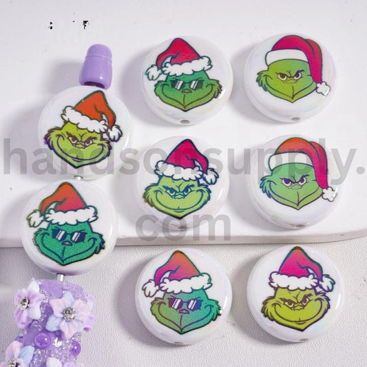 UV Coated Green Monster Character with Red Santa Hat Flat Round Acrylic Beads 23mm Random Mix