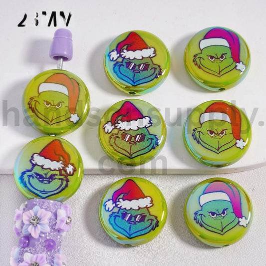 UV Coated Green Monster with Red Santa Hat Flat Round Acrylic Beads 23mm Random Mix