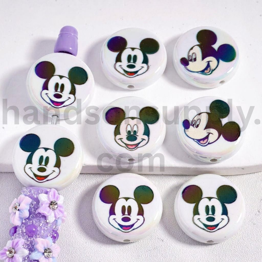 UV Coated Cute Mickey Mouse Head Flat Round Acrylic Beads 23MM, Random Mix