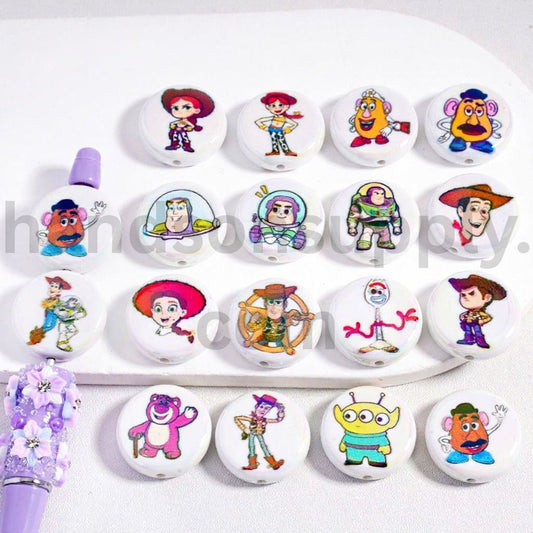 UV Coated Space Creature Series Flat Round Acrylic Beads with Different Character Prints, 23MM, Random Mix