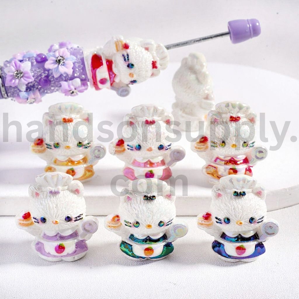 UV Coated Chef Cute Cat Holding Cake & Lollipop Acrylic Beads 25*28MM, Random Mix