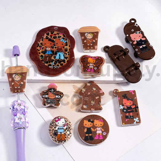 Skateboard, Jelly Drink, Coffee Cup & Chocolate Beans Brown Series, Cute Cat Character Pendant Different  Shape Acrylic Beads Random Mix)