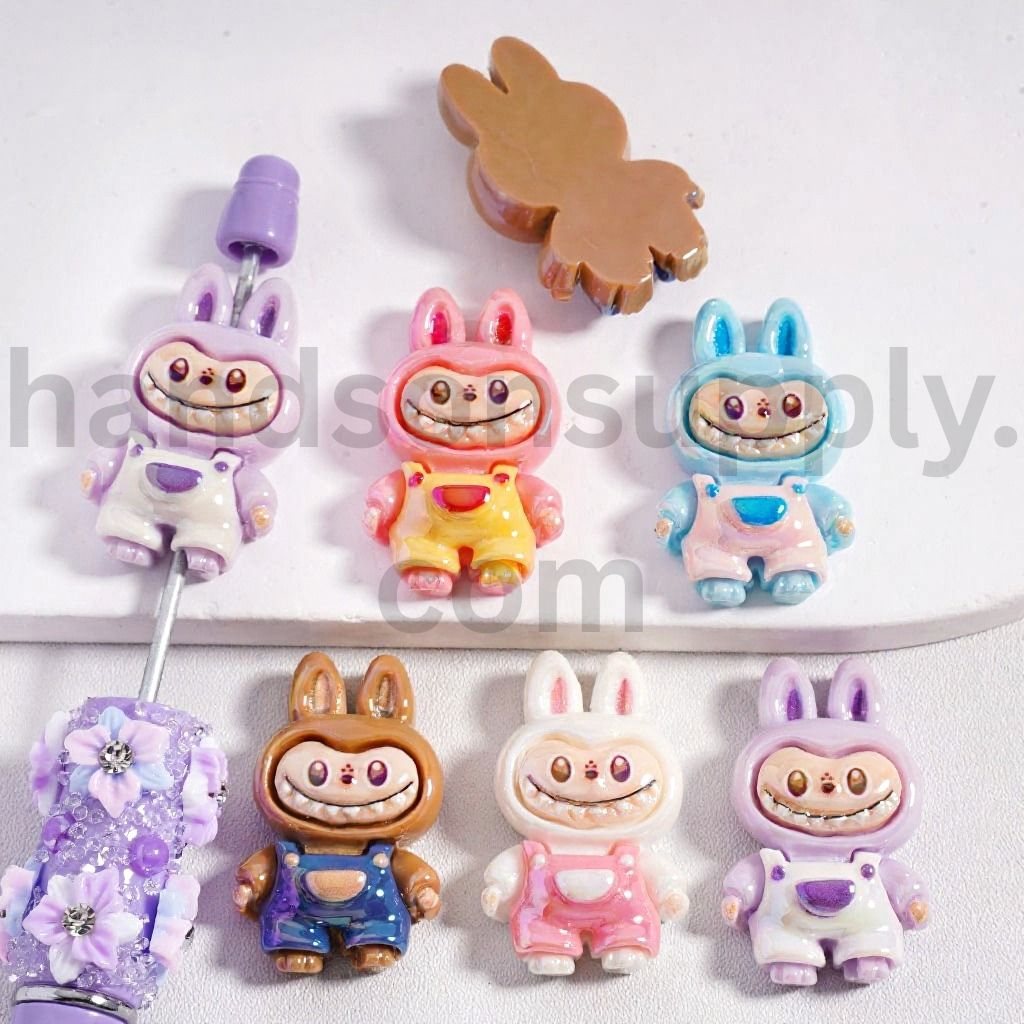 UV Coated Cute Labub with Overalls Flat Back Acrylic Beads 33*28mm, Random Mix