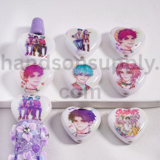 UV Coated Boy Group SA Boys Chracter Flat Heart Shape Acrylic Beads 18*20MM Random Mix
