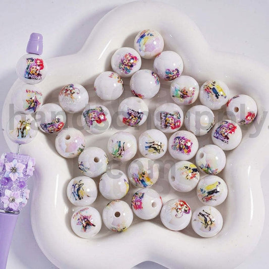 UV-Coated Girl Group Hunt Series Print White Round Acrylic Beads 16MM, Random Mix