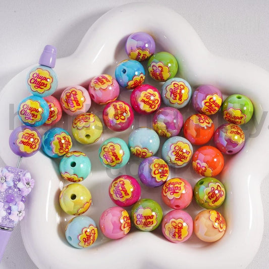 UV-Coated Chup Chu Lollipop Print Solid Color Round Acrylic Beads 16MM, Random Mix
