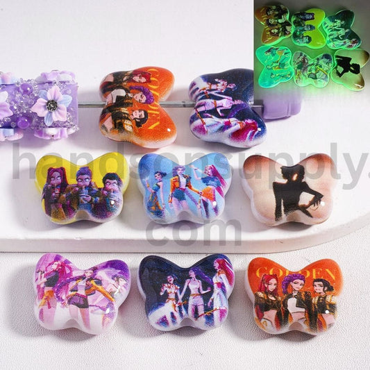 Luminous Girl Group Hunt K‑Pop Demo Print Butterfly Shape Acrylic Beads 20*25MM, Random Mix