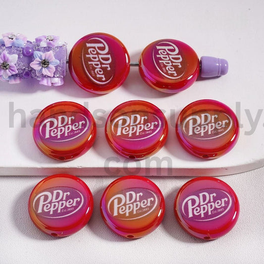 UV Coated Red Base Soda Drink Print Flat Round Shape 23MM Acrylic Beads