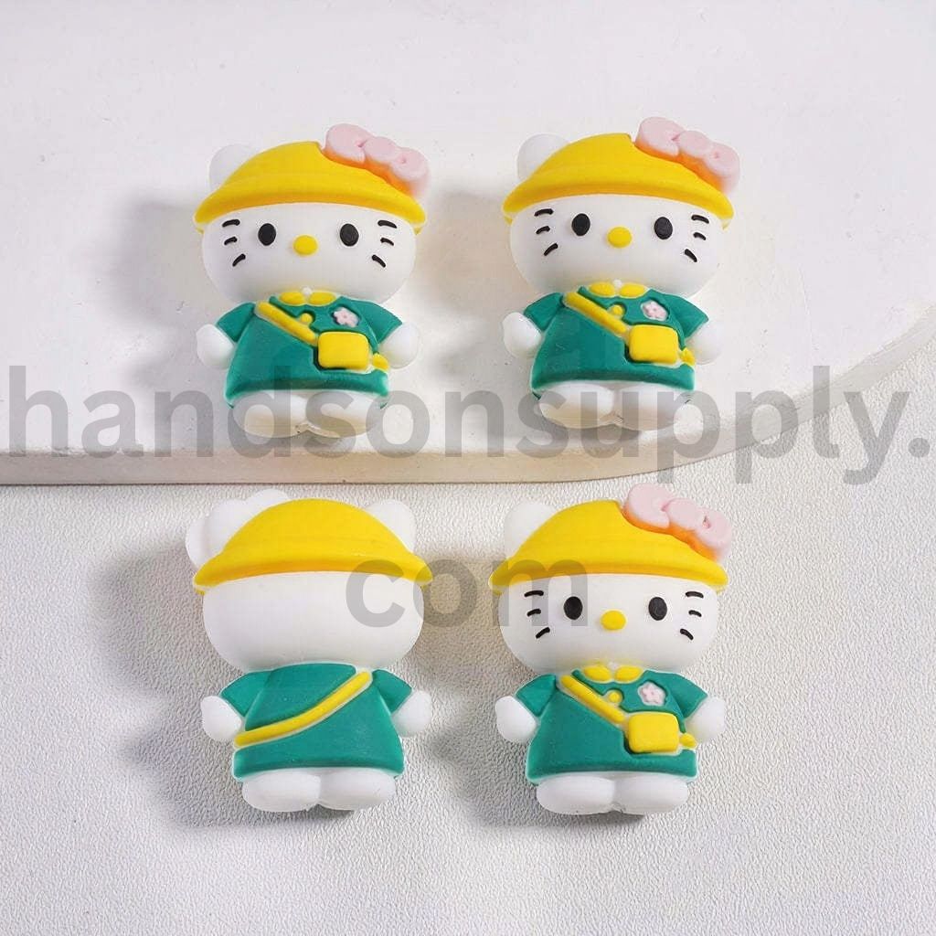 3D Cute Hello Kitty Cute Cat in Green Outfit with Yellow Hat & Cute Little Bow Silicone Focal Bead
