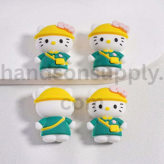 3D Cute Hello Kitty Cute Cat in Green Outfit with Yellow Hat & Cute Little Bow Silicone Focal Bead