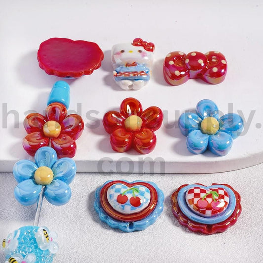 UV Gloss Finish Cute Flower Hearts, Bows & Hello Kitty Motifs Acrylic Beads Random Mix