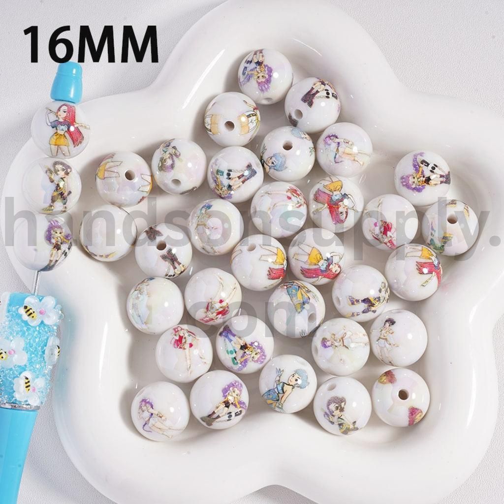 UV-Coated K-Pop Girl Hunt, White Color Group Round Acrylic Beads Designs 16MM, Random Mix