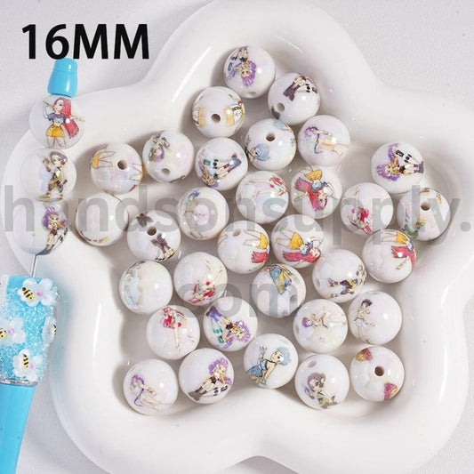 UV-Coated K-Pop Girl Hunt, White Color Group Round Acrylic Beads Designs 16MM, Random Mix