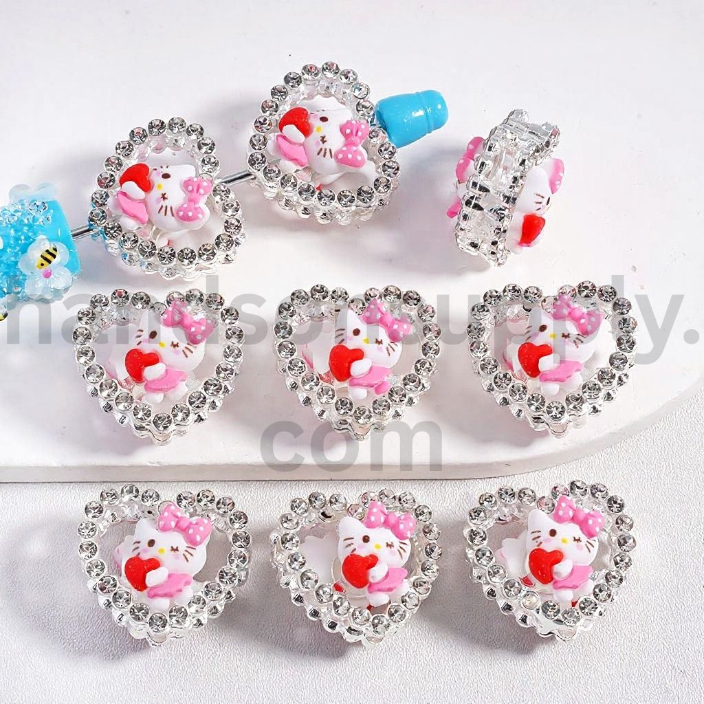 Fancy Silver Alloy Heart Frame Beads with Hello Kitty and Bow Clear Rhinestones, 23*25MM
