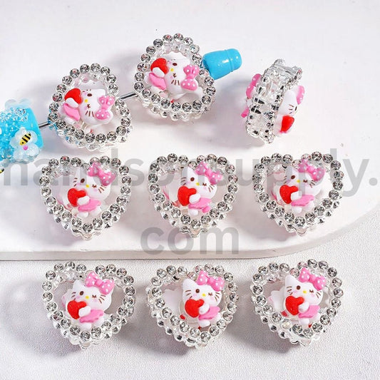 Fancy Silver Alloy Heart Frame Beads with Hello Kitty and Bow Clear Rhinestones, 23*25MM