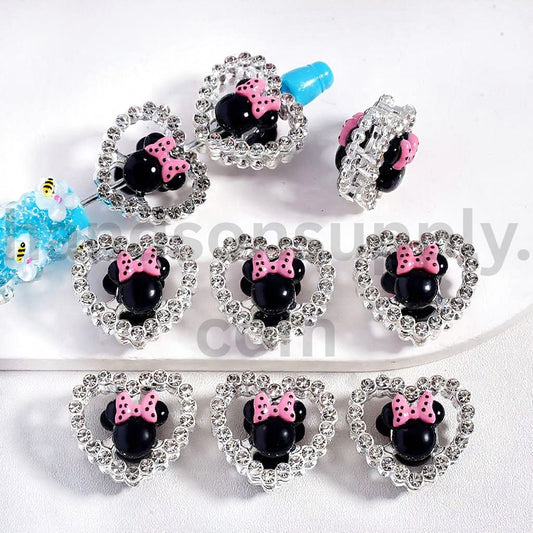 Fancy Silver Heart Frame Beads with Minnie Head & Bow Clear Rhinestones 23*25MM