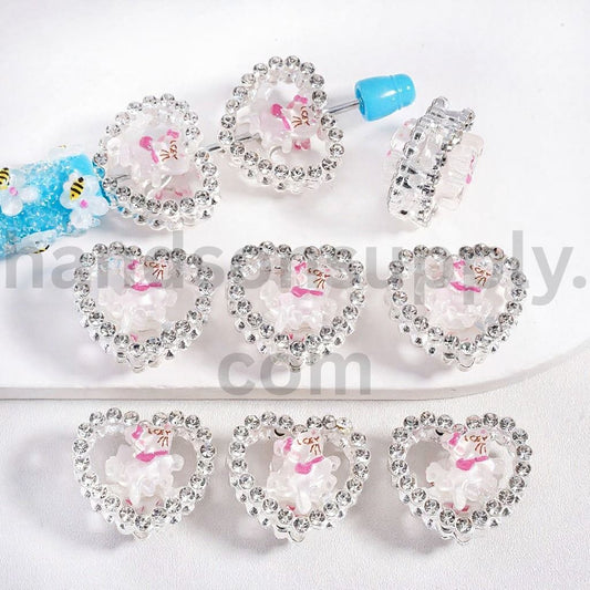 Silver Alloy Heart Frame Beads Mari Cat Kitty with Clear Rhinestones, 23*25 mm